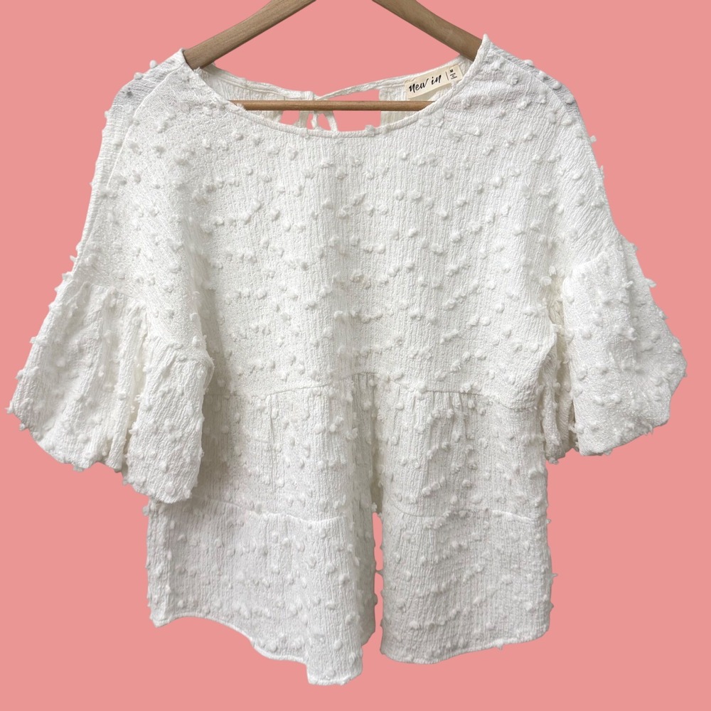 New In Blouse Size M White Swiss Dot‎ Tiered Bell Sleeve Back Tie